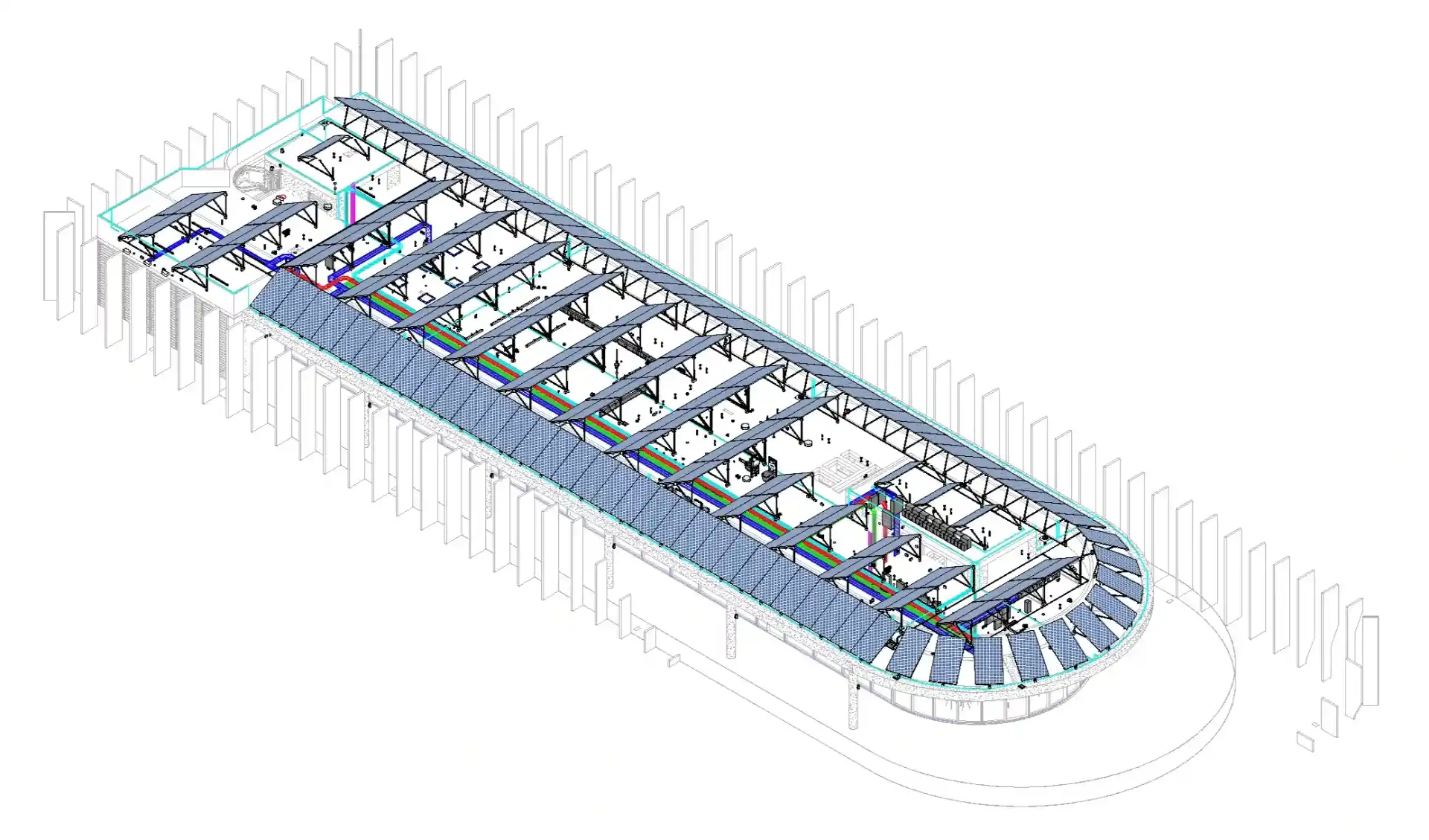 Isometric Revit BIM model of a commercial roof showing solar panel arrays and underlying MEP containment systems.