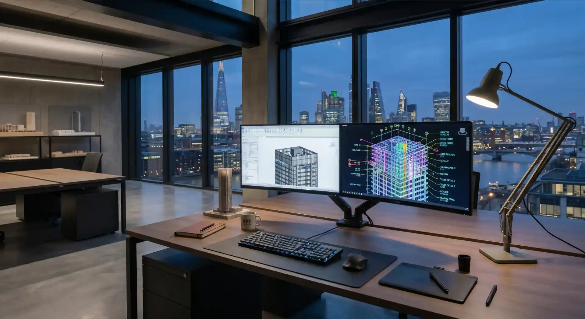 Advanced BIM coordination workstation displaying structural models.