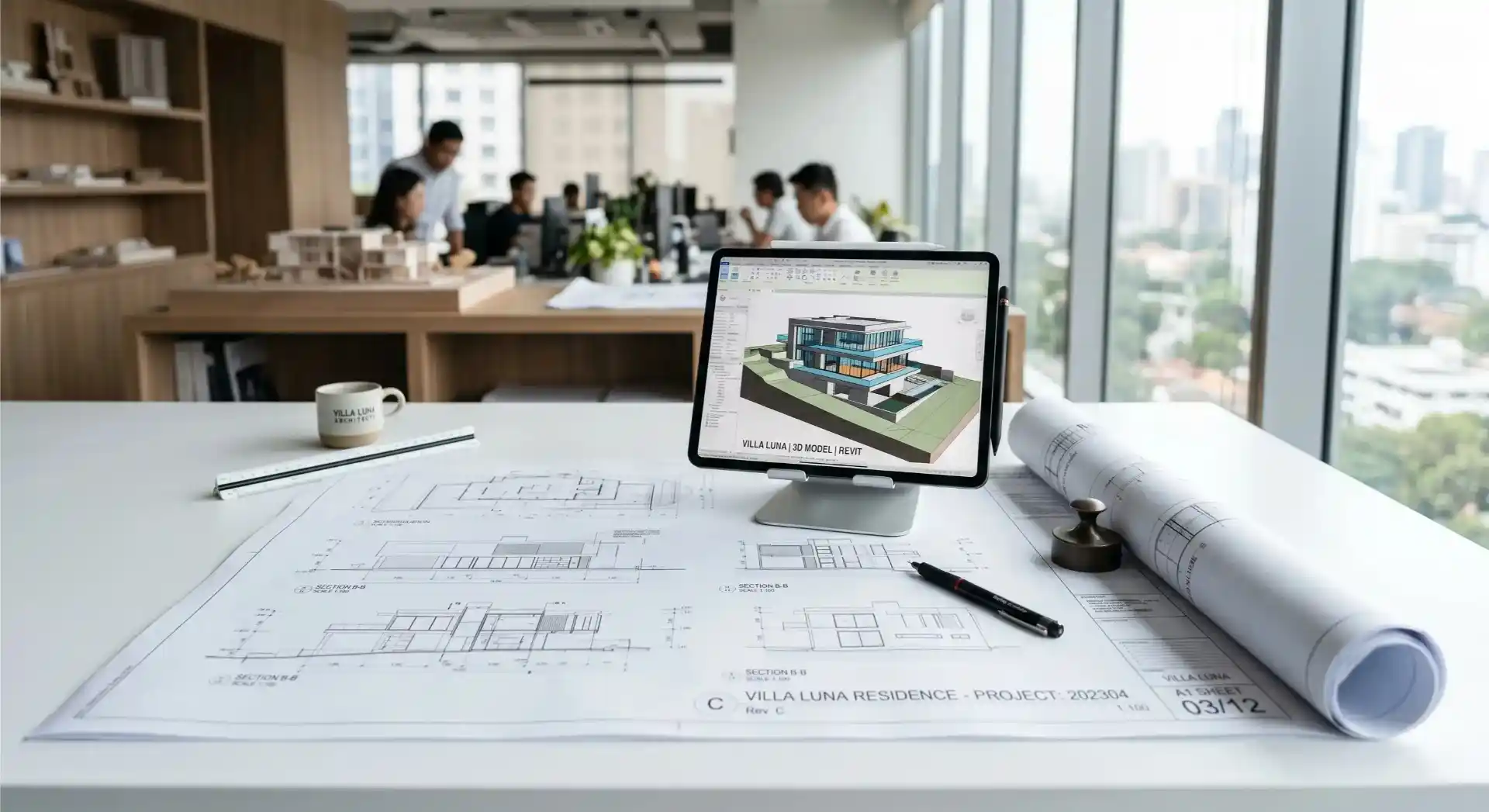 Professional engineering workspace showing technical blueprints and digital project data for client review