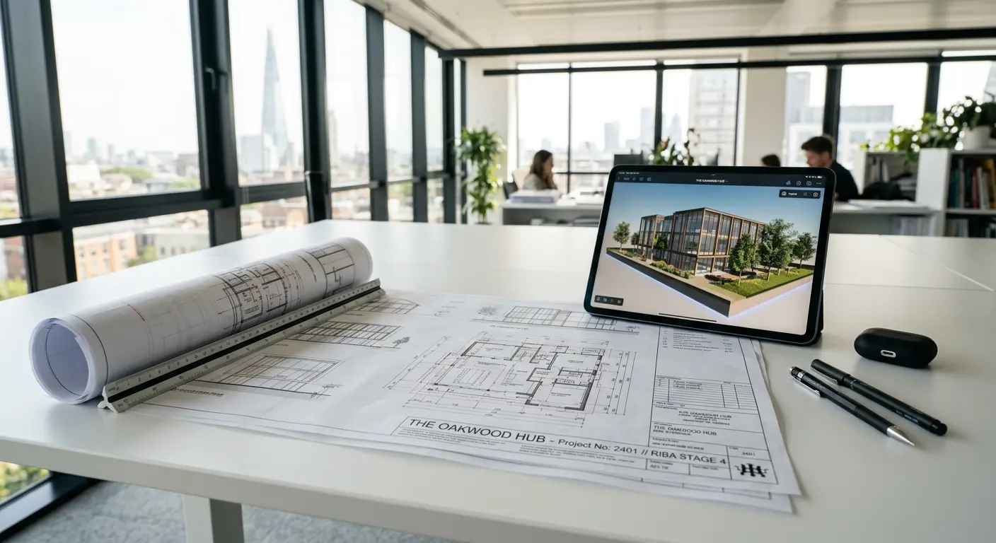 Professional engineering workspace showing technical blueprints and digital project data for client review