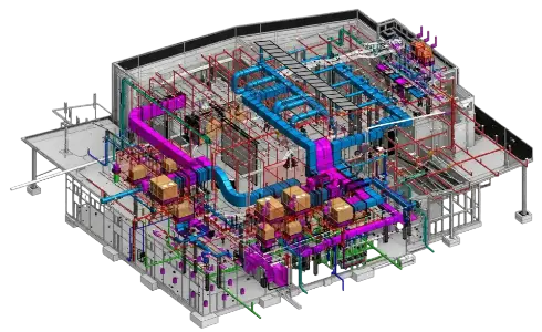 LOD 350 coordinated MEP BIM model highlighting detailed ductwork, pipework, hangers, and mechanical equipment.