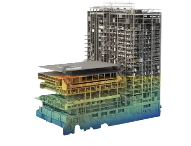 Side-by-side comparison of a raw laser scan point cloud transforming into a highly detailed LOD 400 BIM model.