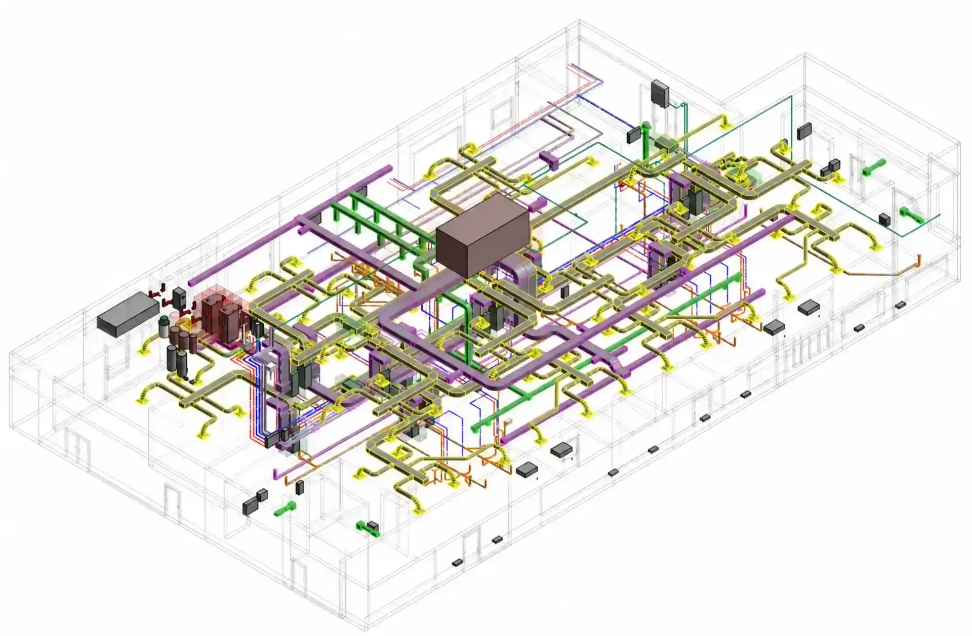 Detailed 3D HVAC BIM model showing complex ductwork, air handling units, and pipe routing within a commercial building.