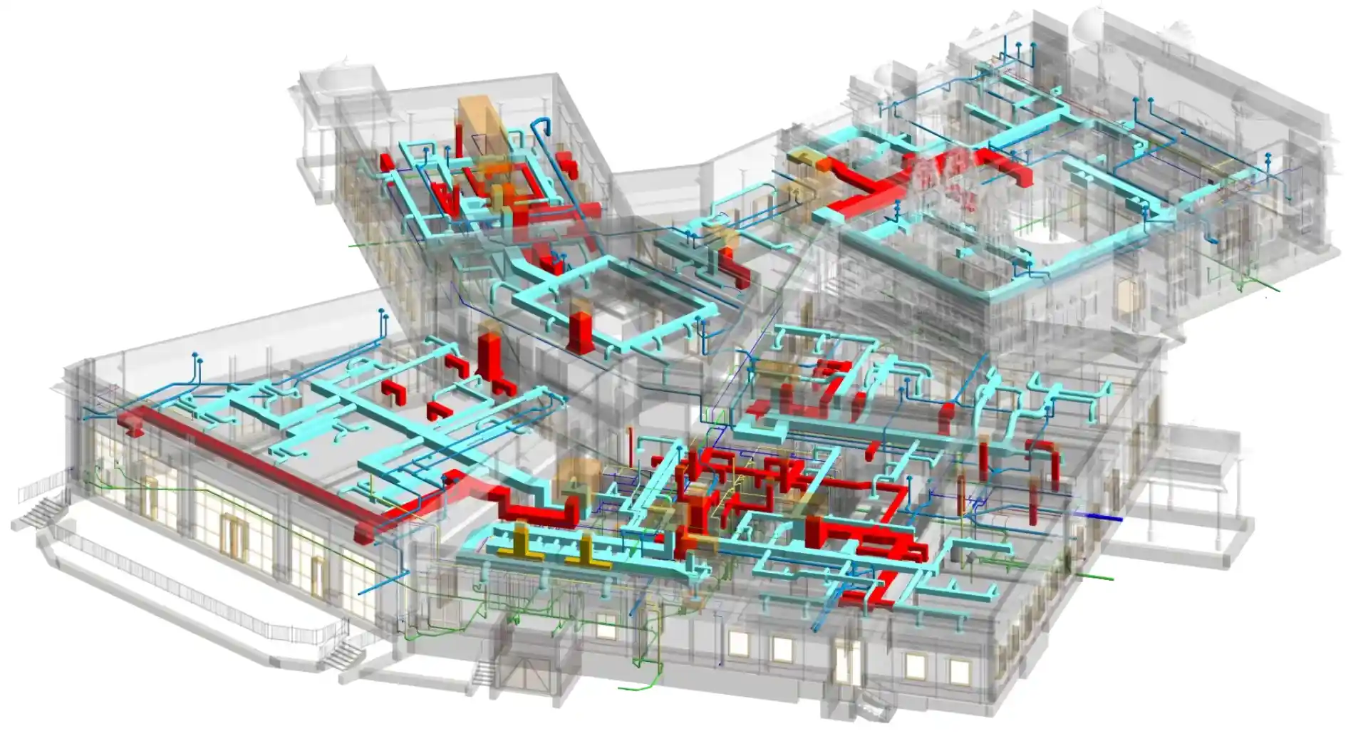 High-density multidisciplinary HVAC BIM model displaying complex duct and pipe routing across a large facility.