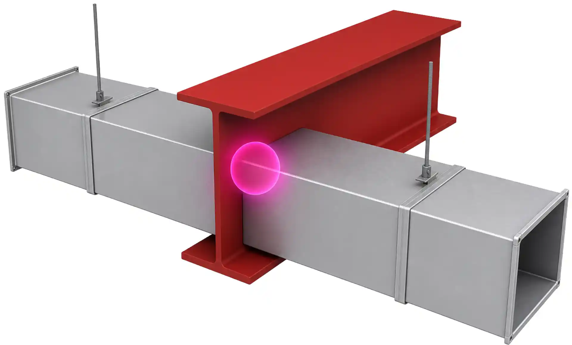 Isolated 3D BIM model highlighting a hard clash intersection between an HVAC duct and a structural steel beam.