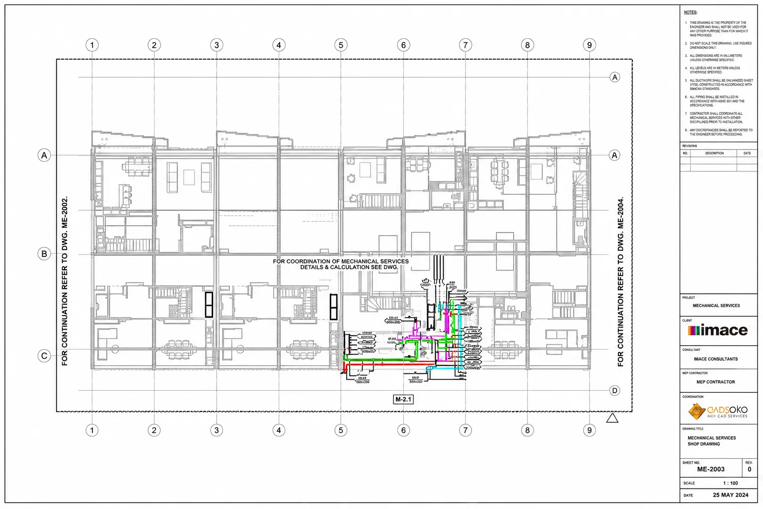 Precise mechanical HVAC shop drawing with clear ductwork routing and elevations.