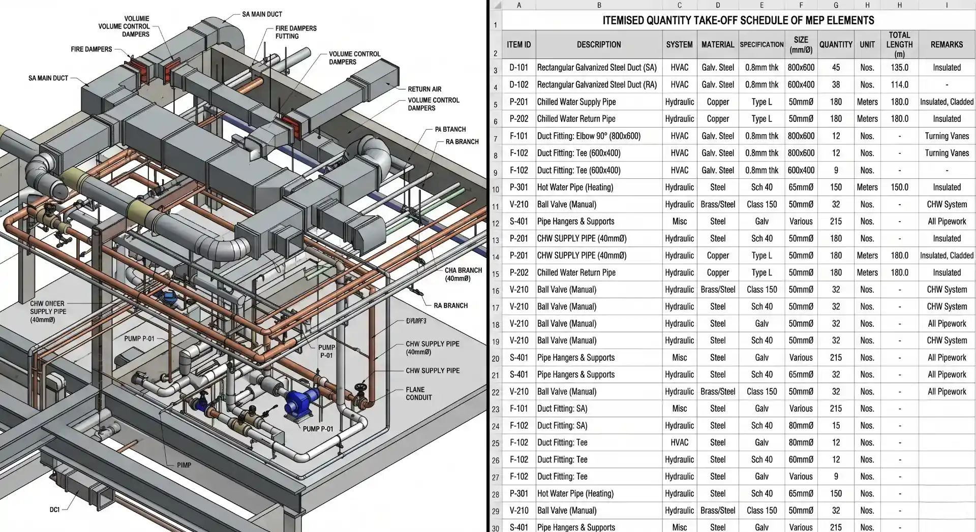 Complex MEP BIM model paired with an itemised quantity take-off and material spreadsheet.