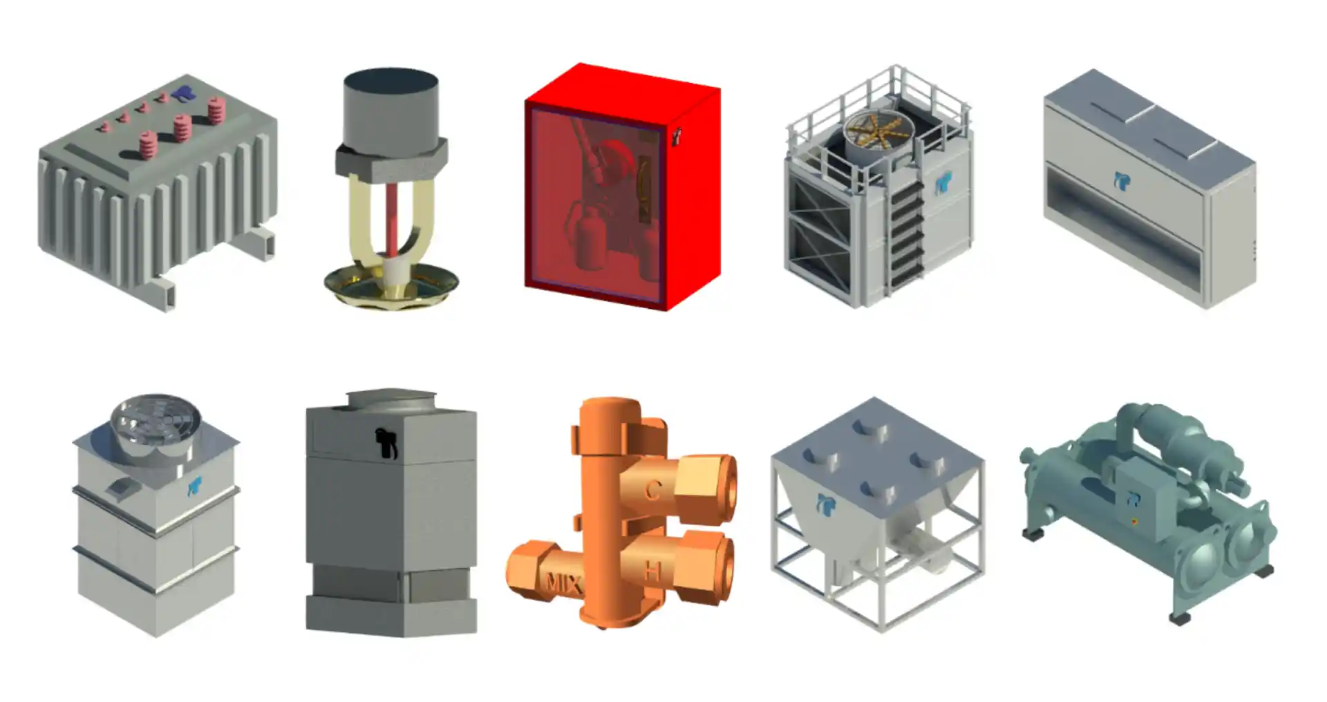 Collection of highly detailed custom parametric Revit MEP families including chillers, cooling towers, and fire protection equipment.