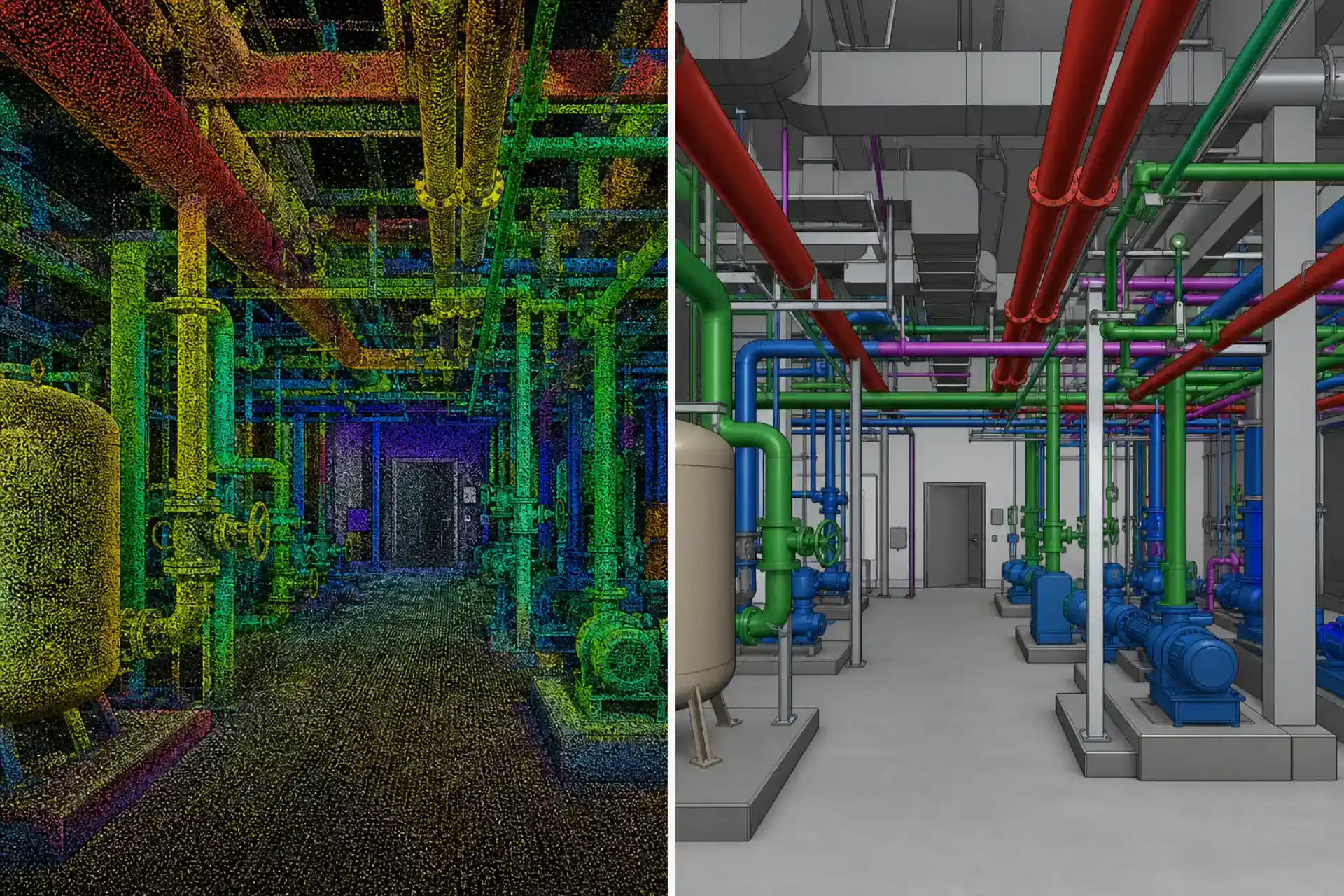 Split-screen showing raw laser scan point cloud data converting into a precise 3D MEP as-built BIM model.