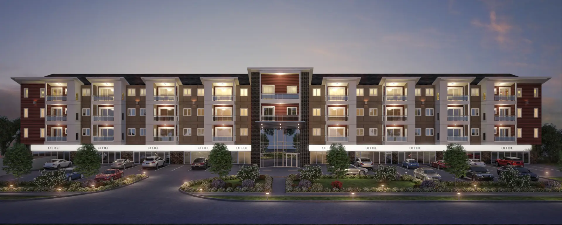 Night view exterior photorealistic 3D rendering of a residential complex.