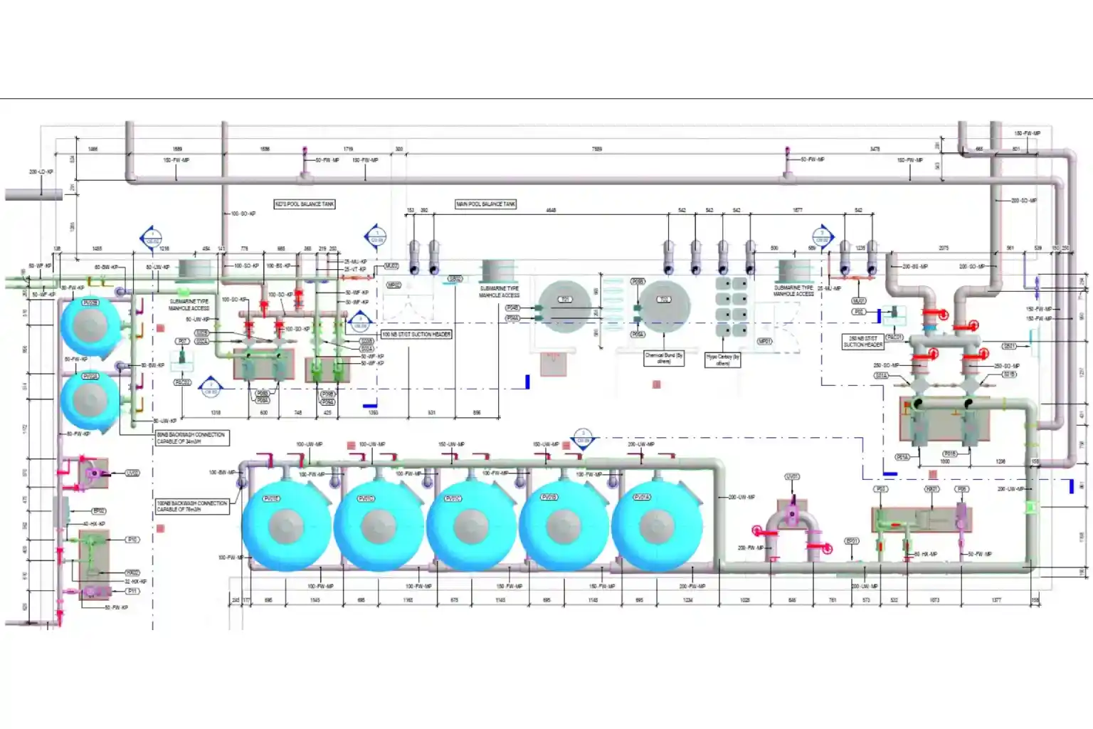 Plumbing shop drawing detailing water services, drainage levels, and pipe routing.