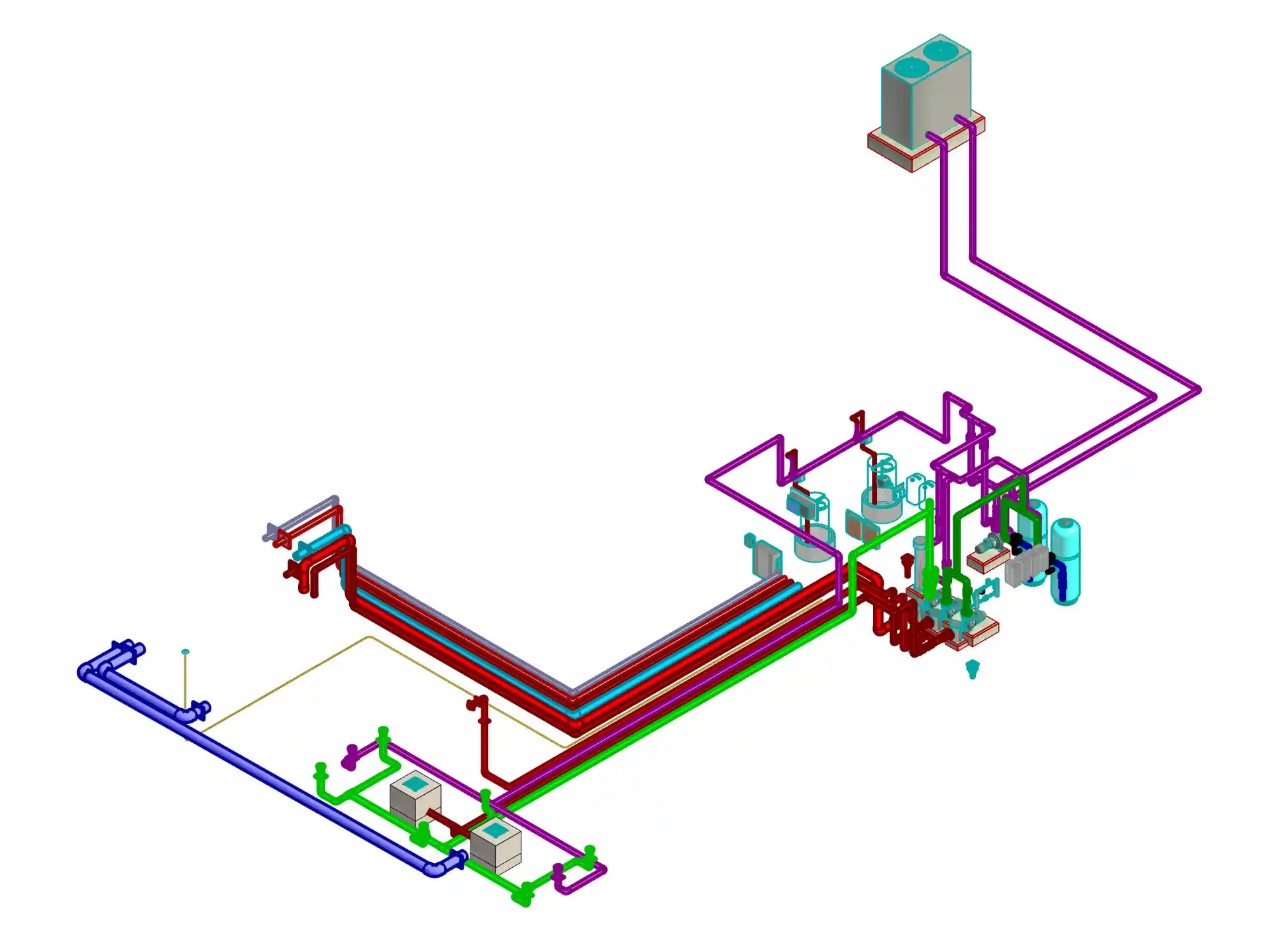 3D plumbing and mechanical pipework BIM model featuring pumps, expansion tanks, and rooftop chillers.