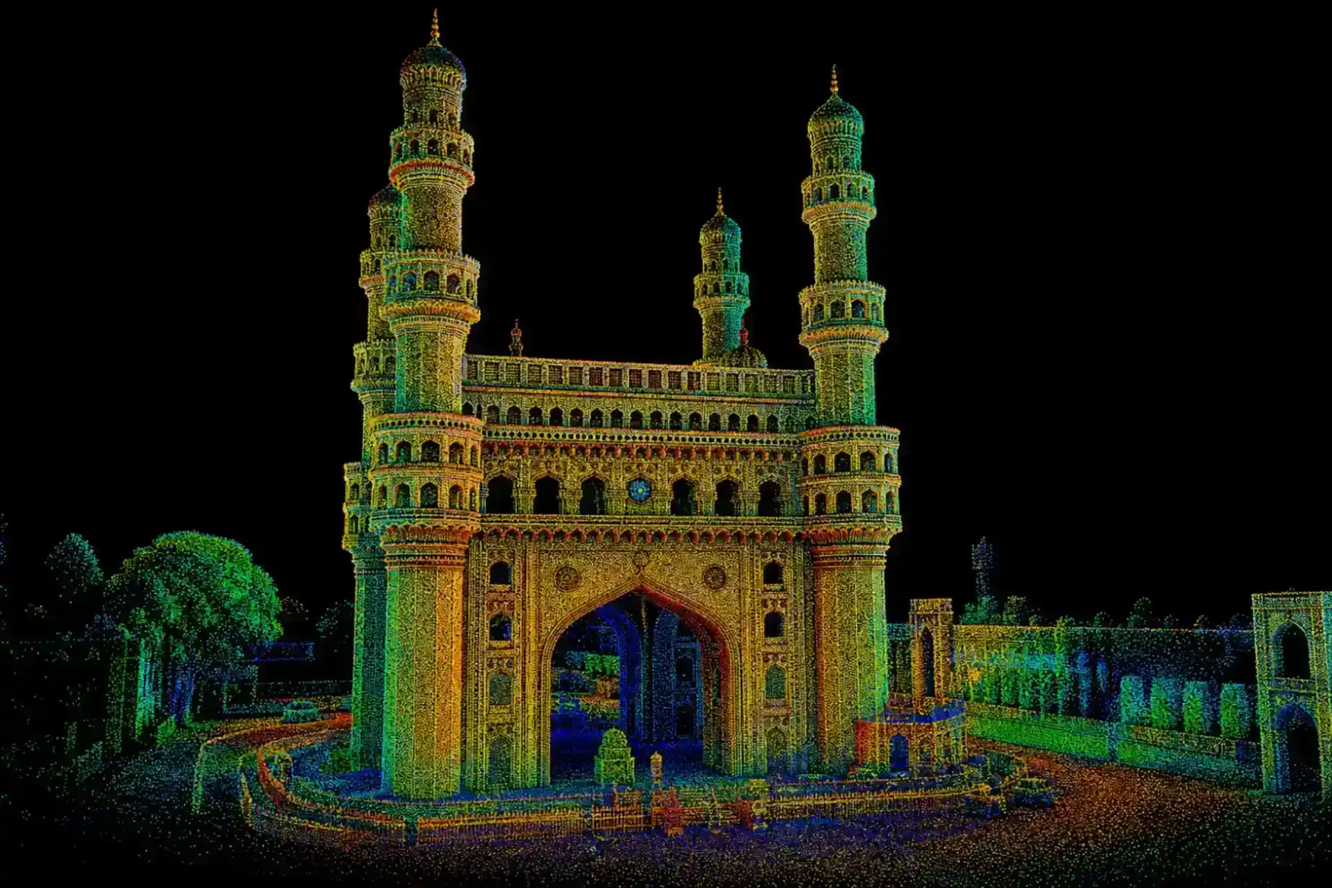 Dense 3D laser scan point cloud of a complex historical monument, capturing intricate architectural details.