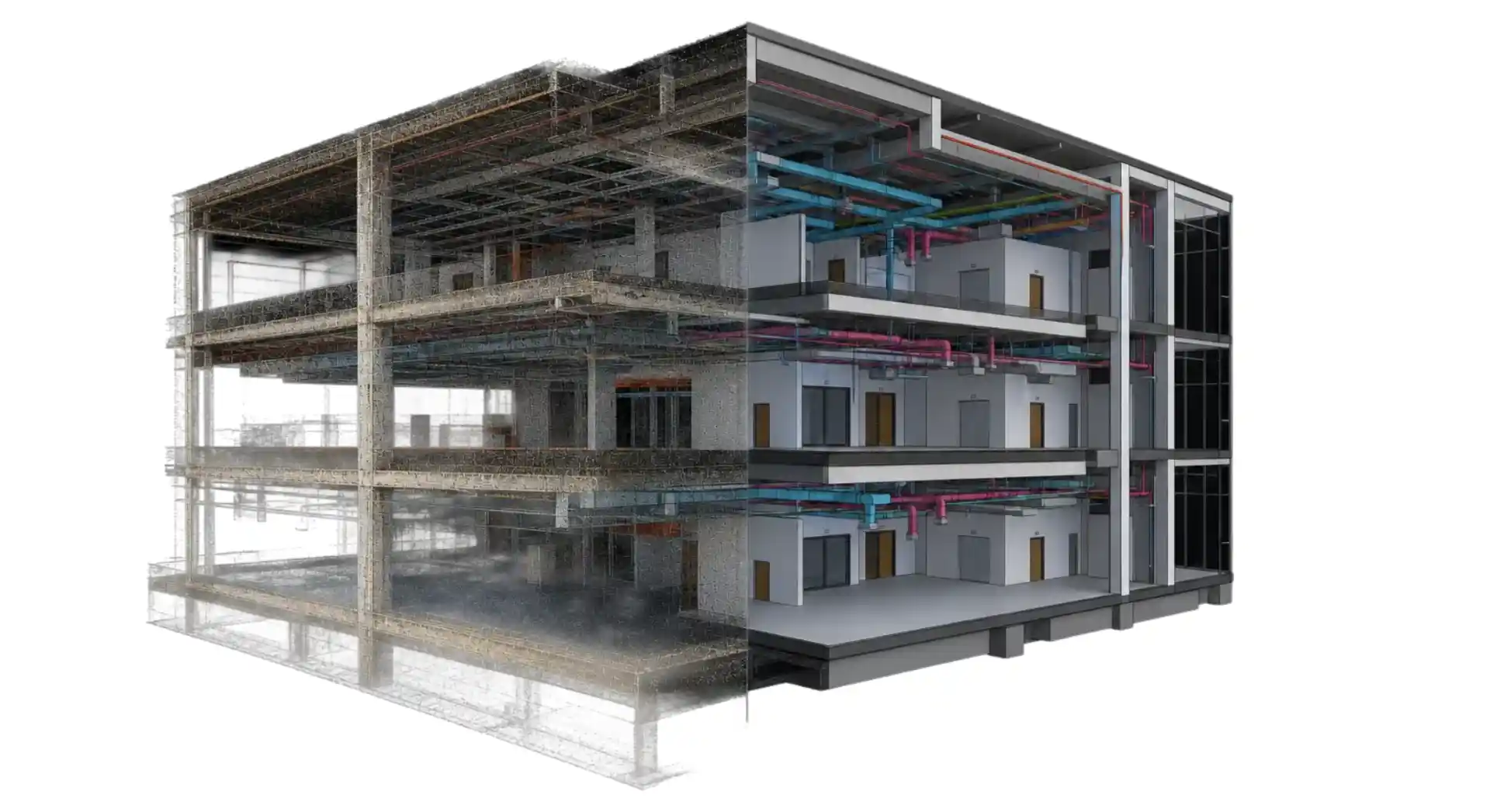 High-precision 3D Revit model overlaid precisely onto a registered laser scan point cloud dataset.