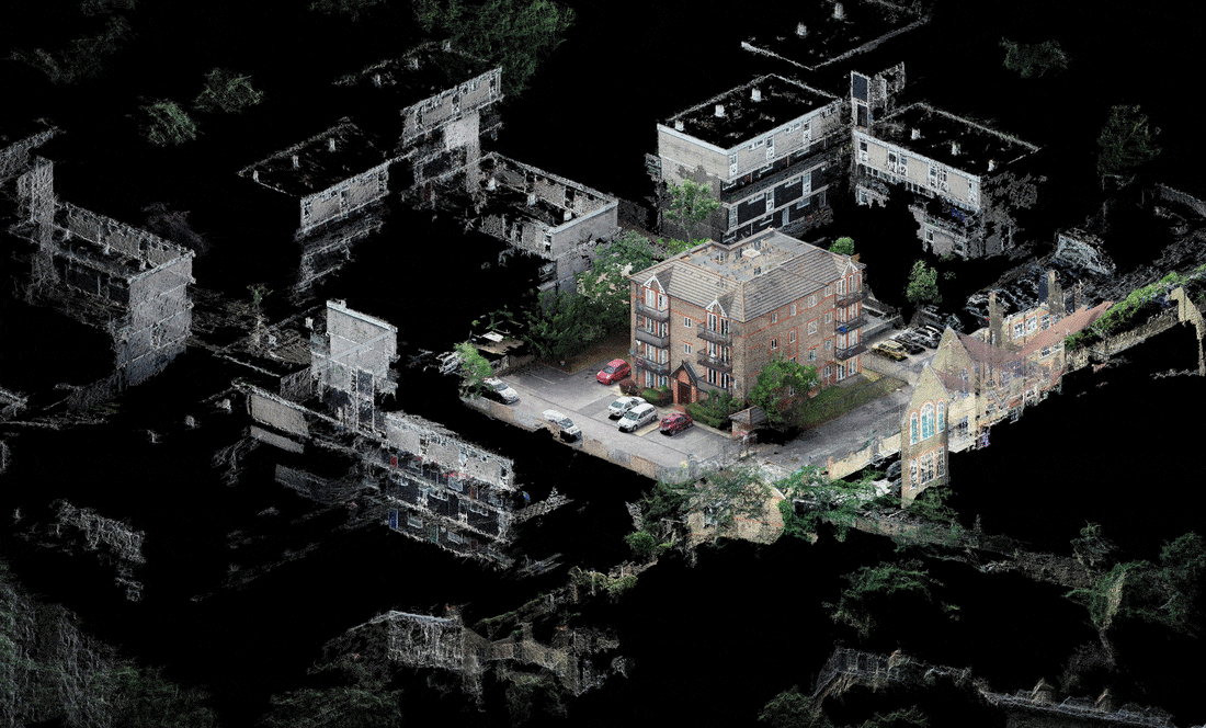 Animated view demonstrating Scan to BIM, featuring a fully developed 3D BIM model of a residential building integrated within surrounding point cloud site data.